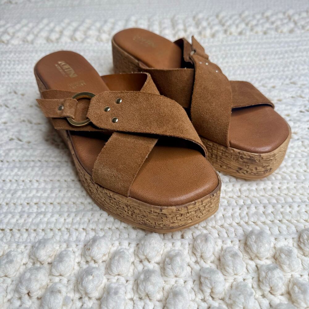 NEW LOTTINI ITALY Womens 39 US 9 Cross Band Buckle Cork Wedge Slide Sandal Brown - Picture 3 of 16